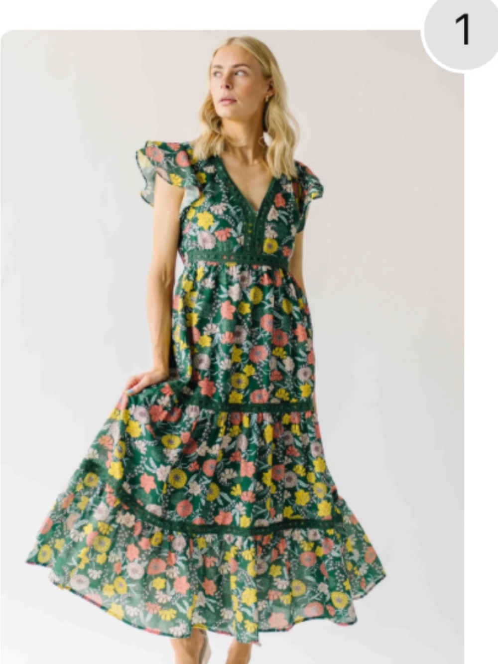 Green Floral Midi V neck Dress